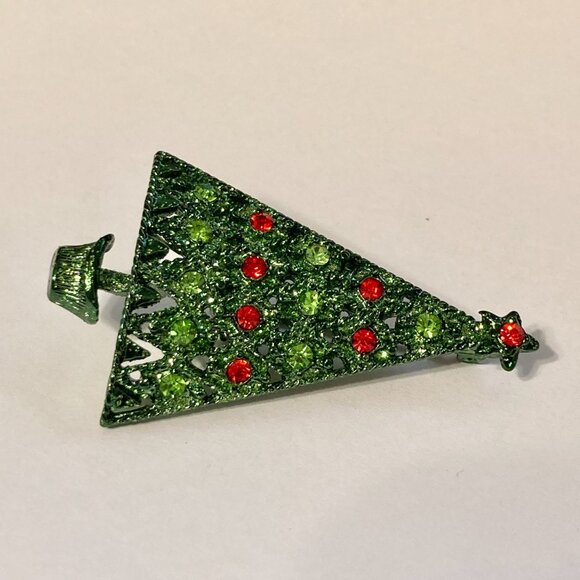 Vintage Crystal Christmas Tree Pin Brooch Star Red Green Enamel Crystals - Picture 4 of 11